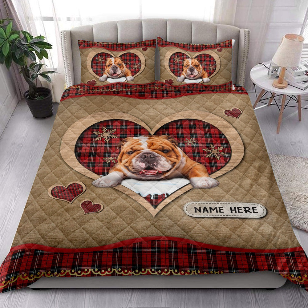 Personalized English Bulldog Quilt Set, English Bulldogmas Heart Red Plaid Quilt Blanket