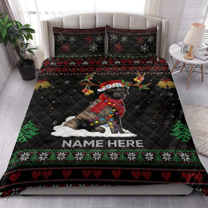 Personalized English Mastiff Quilt Set, Brindle English Mastiffmas Hat Quilt Blanket