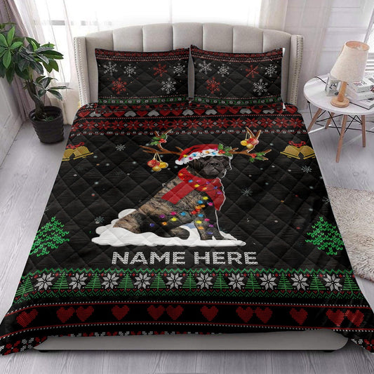 Personalized English Mastiff Quilt Set, Brindle English Mastiffmas Hat Quilt Blanket