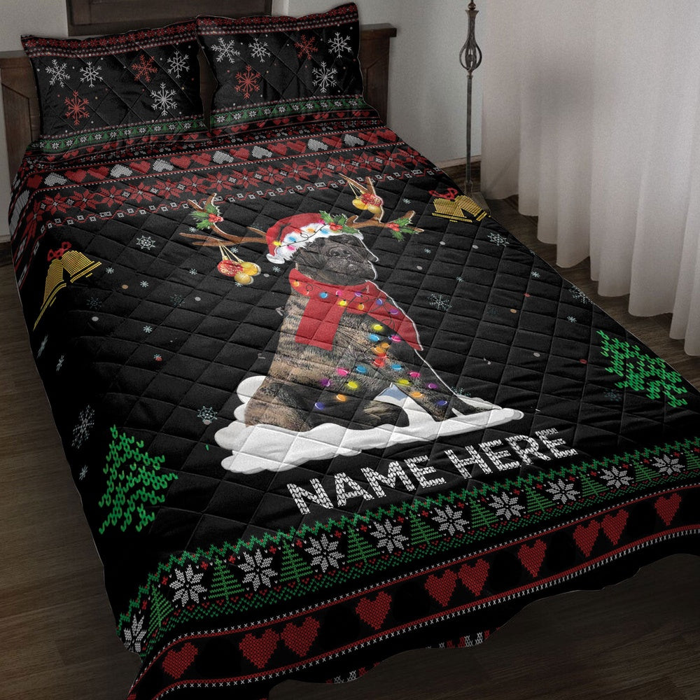 Personalized English Mastiff Quilt Set, Brindle English Mastiffmas Hat Quilt Blanket