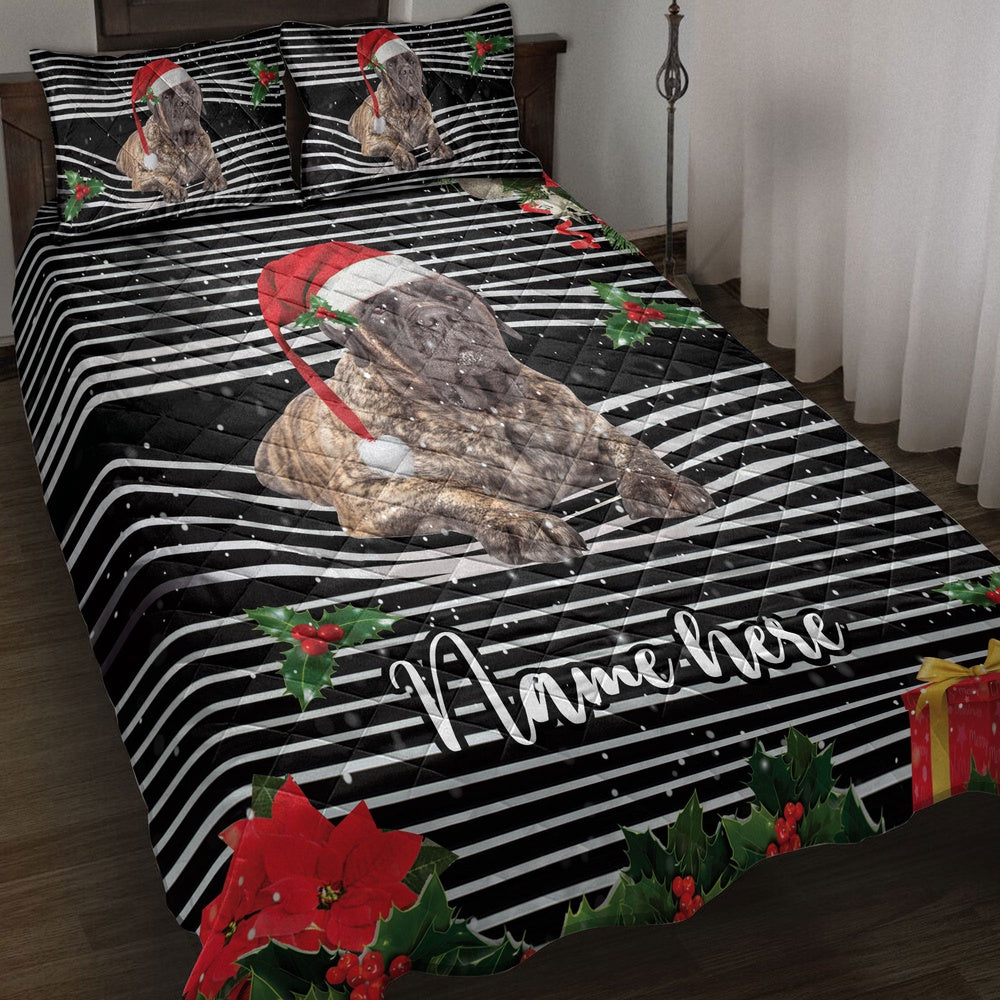 Personalized English Mastiff Quilt Set, Brindle English Mastiffmas Striped Quilt Blanket
