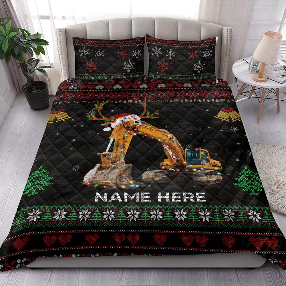 Personalized Excavator Quilt Set, Excavatormas Hat With String Light Quilt Blanket