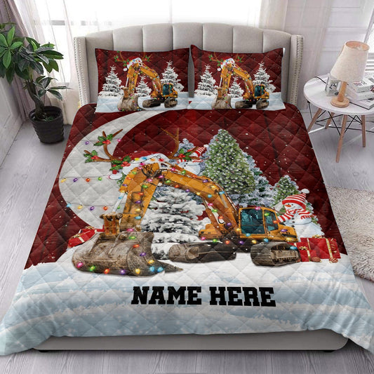 Personalized Excavator Quilt Set, Excavatormas Hat With String Lights Quilt Blanket