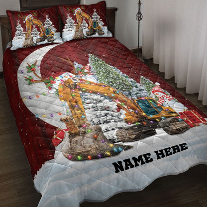 Personalized Excavator Quilt Set, Excavatormas Hat With String Lights Quilt Blanket