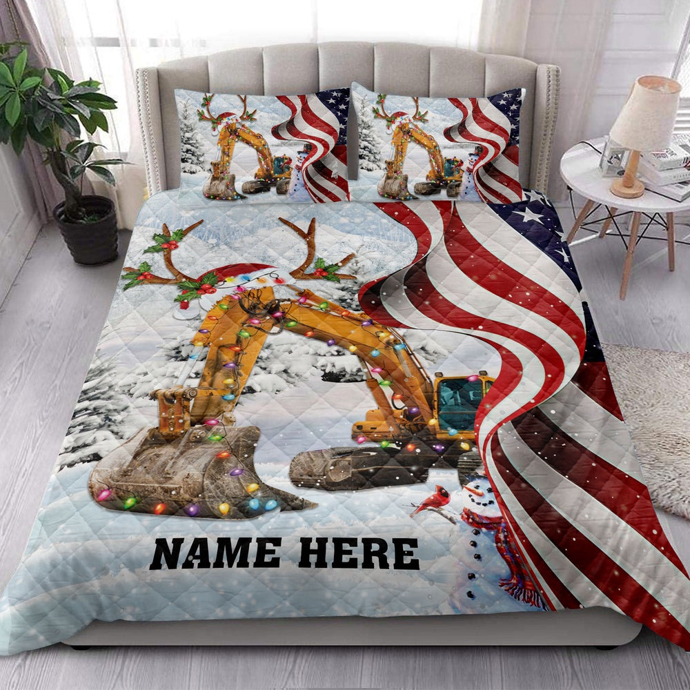 Personalized Excavator Quilt Set, Excavatormas String Light Us Flag Quilt Blanket