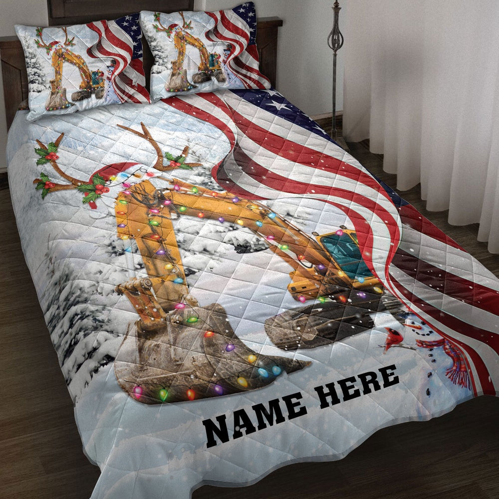 Personalized Excavator Quilt Set, Excavatormas String Light Us Flag Quilt Blanket