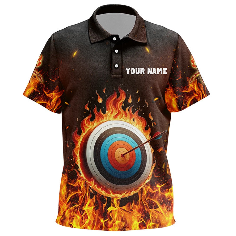 Personalized Fire Target Archery Polo Shirts, Custom Flaming Archery Bow Arrow Jerseys, Archery Team Shirts, Custom Archery Shirts