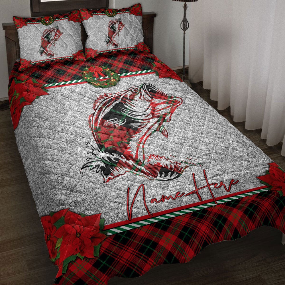 Personalized Fishing Quilt Set, Christmas Red Plaid Fishing Santa Hat Xmas Holiday Quilt Blanket