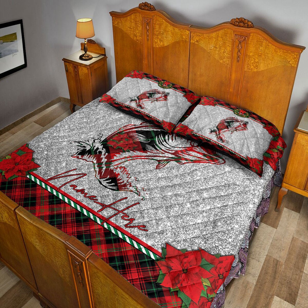 Personalized Fishing Quilt Set, Christmas Red Plaid Fishing Santa Hat Xmas Holiday Quilt Blanket