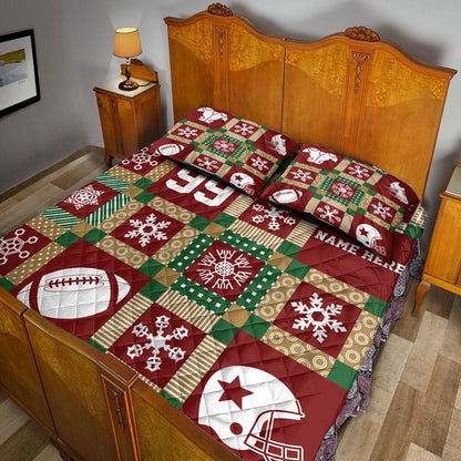 Personalized Football Quilt Set, Christmas Patchwork Football Xmas Quilt Blanket