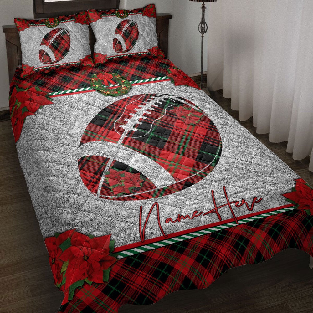 Personalized Football Quilt Set, Christmas Red Plaid American Football Xmas Holiday Quilt Blanket