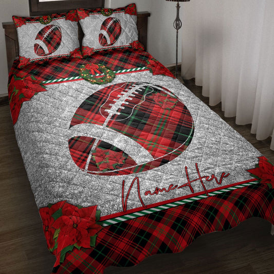 Personalized Football Quilt Set, Christmas Red Plaid American Football Xmas Holiday Quilt Blanket