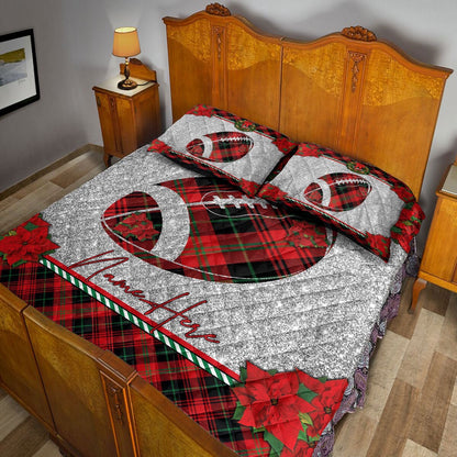 Personalized Football Quilt Set, Christmas Red Plaid American Football Xmas Holiday Quilt Blanket