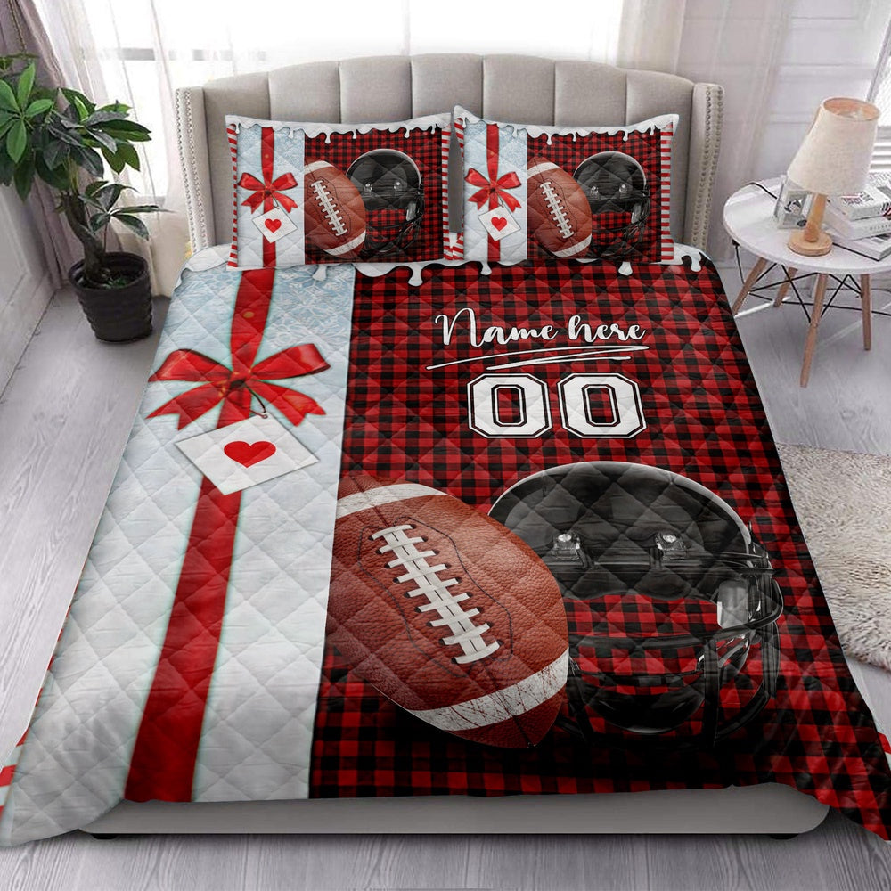 Personalized Football Quilt Set, Football Santa Hat Withmas Quilt Blanket, Custom Name And Number Quilt Bedding Set