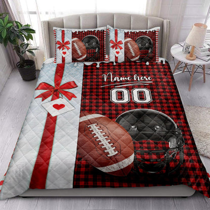 Personalized Football Quilt Set, Football Santa Hat Withmas Quilt Blanket, Custom Name And Number Quilt Bedding Set