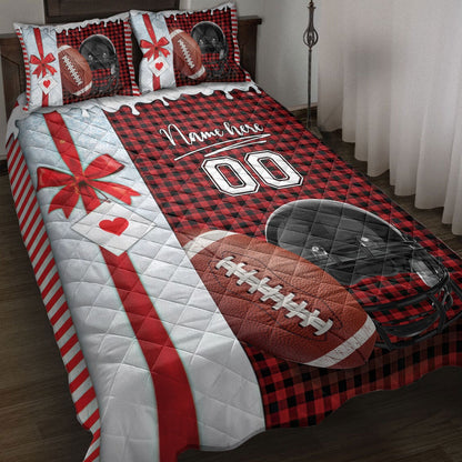 Personalized Football Quilt Set, Football Santa Hat Withmas Quilt Blanket, Custom Name And Number Quilt Bedding Set