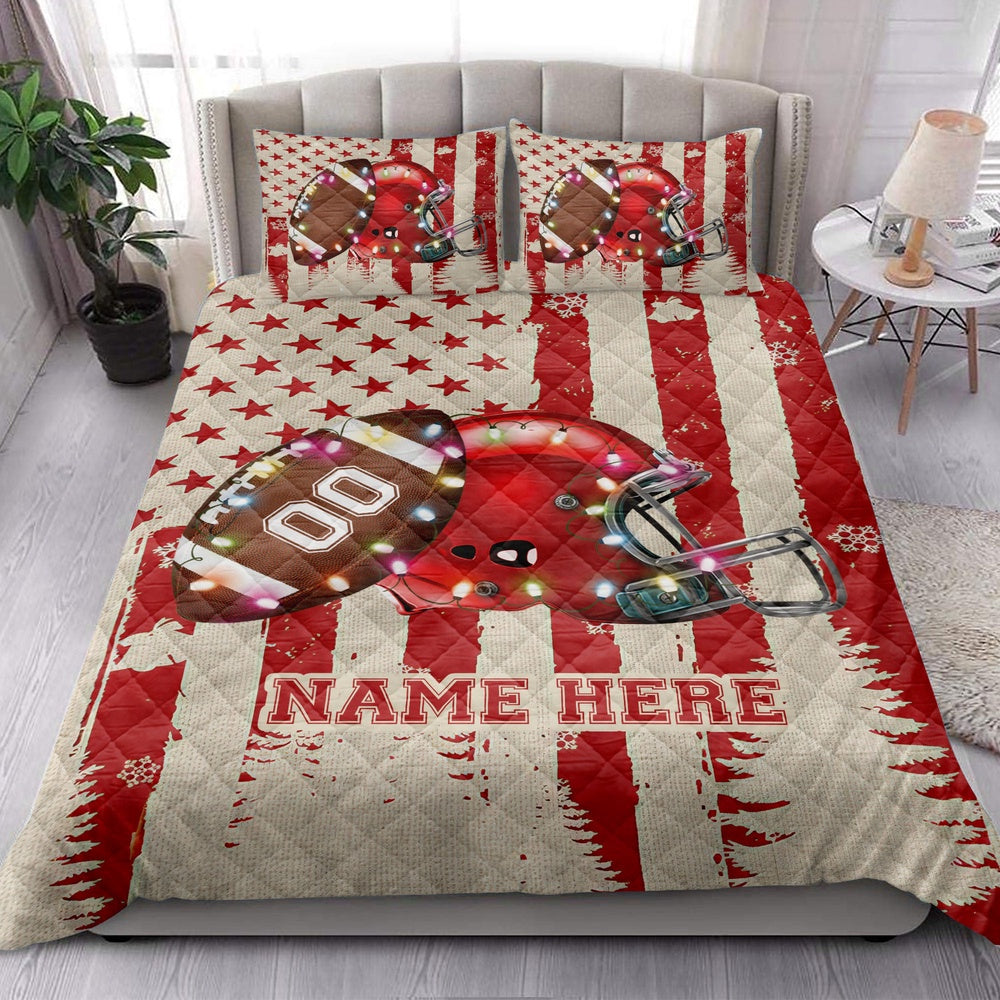 Personalized Football Quilt Set, Footballmas String Light Quilt Blanket, Custom Name And Number Quilt Bedding Set