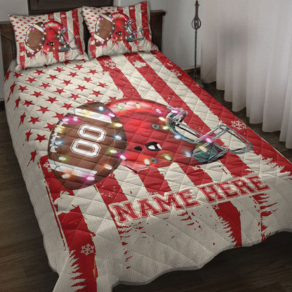 Personalized Football Quilt Set, Footballmas String Light Quilt Blanket, Custom Name And Number Quilt Bedding Set