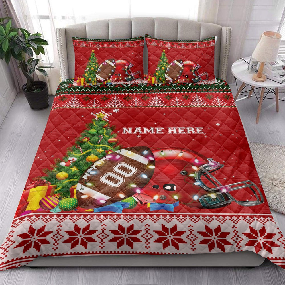 Personalized Football Quilt Set, Footballmas Tree String Light Quilt Blanket, And Number Bedding