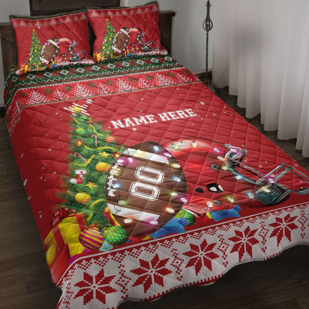 Personalized Football Quilt Set, Footballmas Tree String Light Quilt Blanket, And Number Bedding