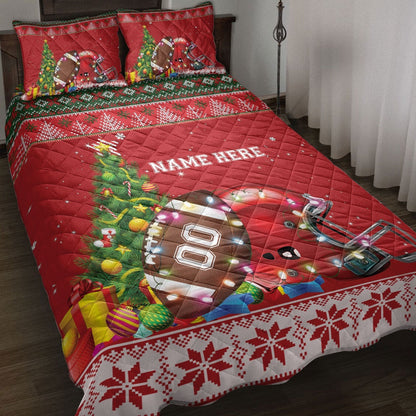 Personalized Football Quilt Set, Footballmas Tree String Light Quilt Blanket, And Number Bedding