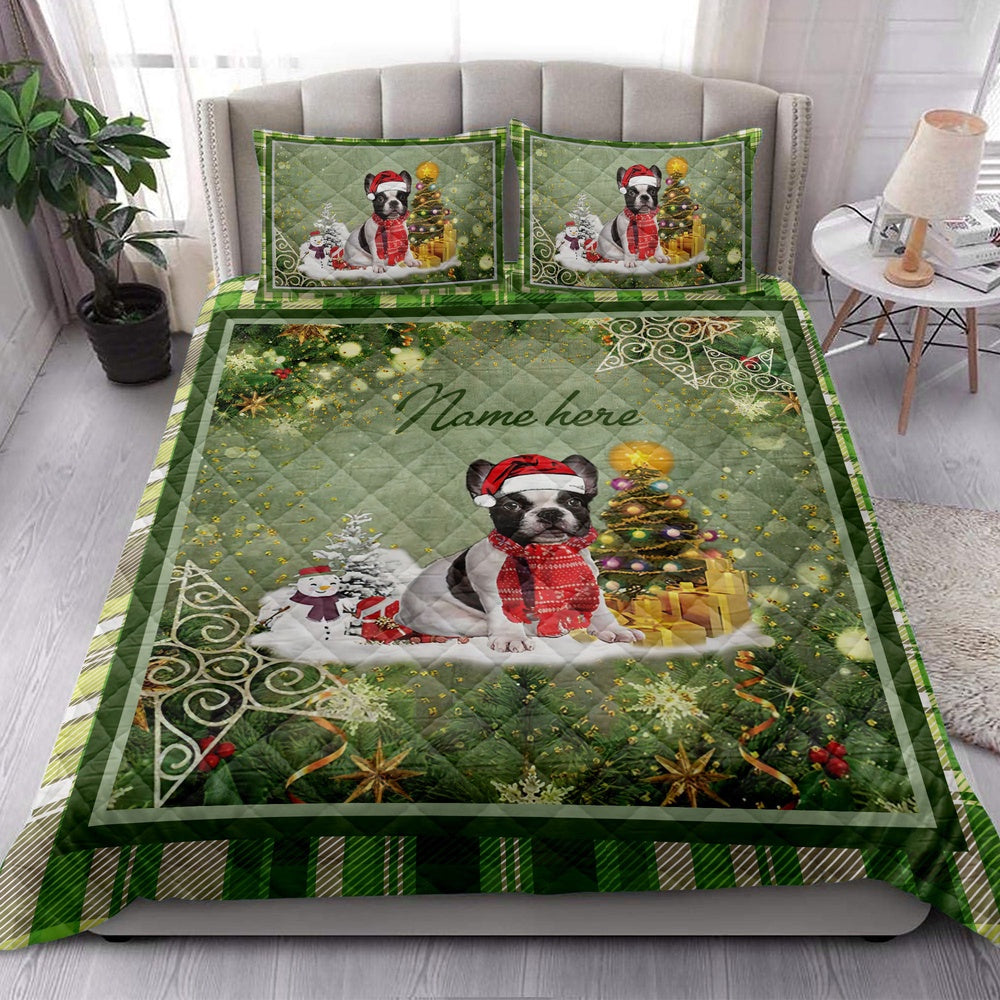 Personalized French Bulldog Quilt Set, French Bulldogmas Tree String Lights Quilt Blanket
