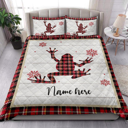 Personalized Frog Quilt Set, Christmas Frog Snowflake Red Plaid Quilt Blanket