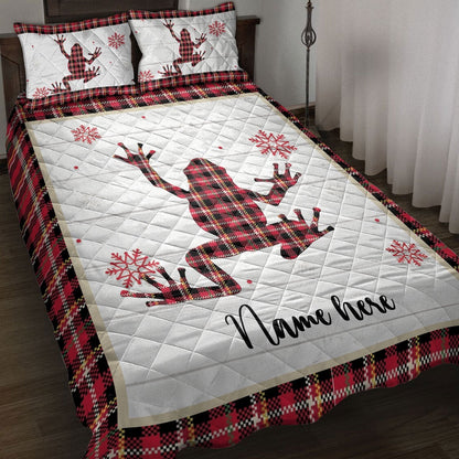 Personalized Frog Quilt Set, Christmas Frog Snowflake Red Plaid Quilt Blanket