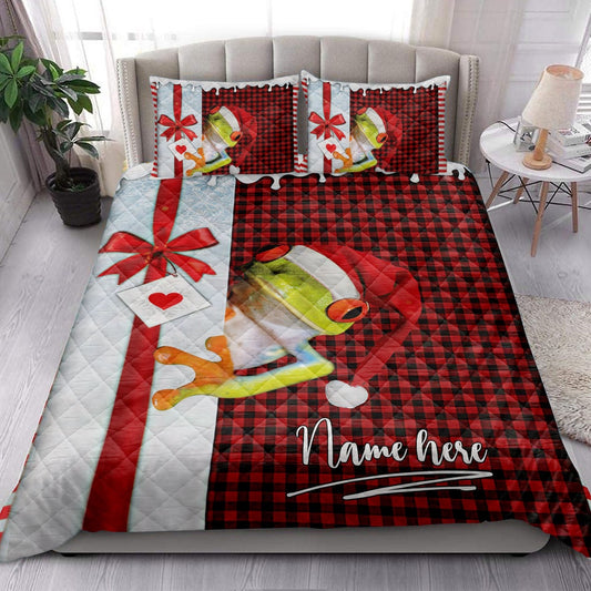 Personalized Frog Quilt Set, Frog Santa Hat Withmas Letter Quilt Blanket