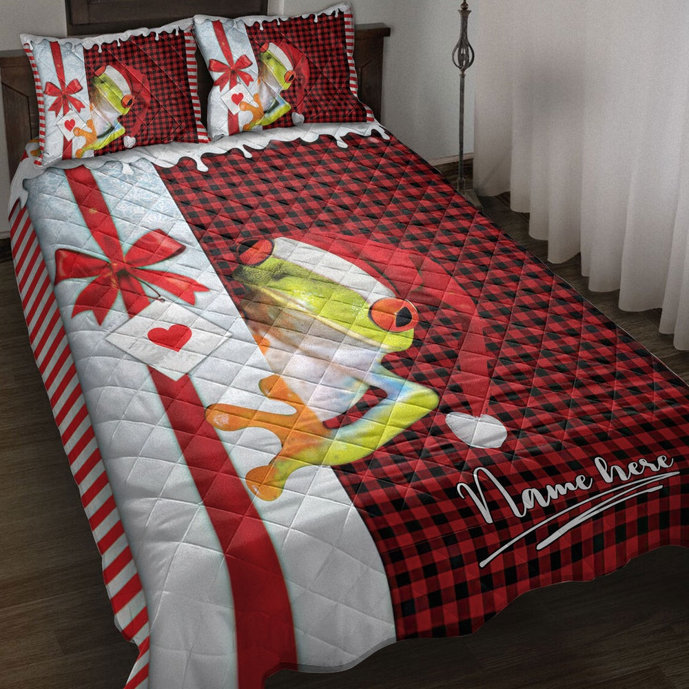Personalized Frog Quilt Set, Frog Santa Hat Withmas Letter Quilt Blanket