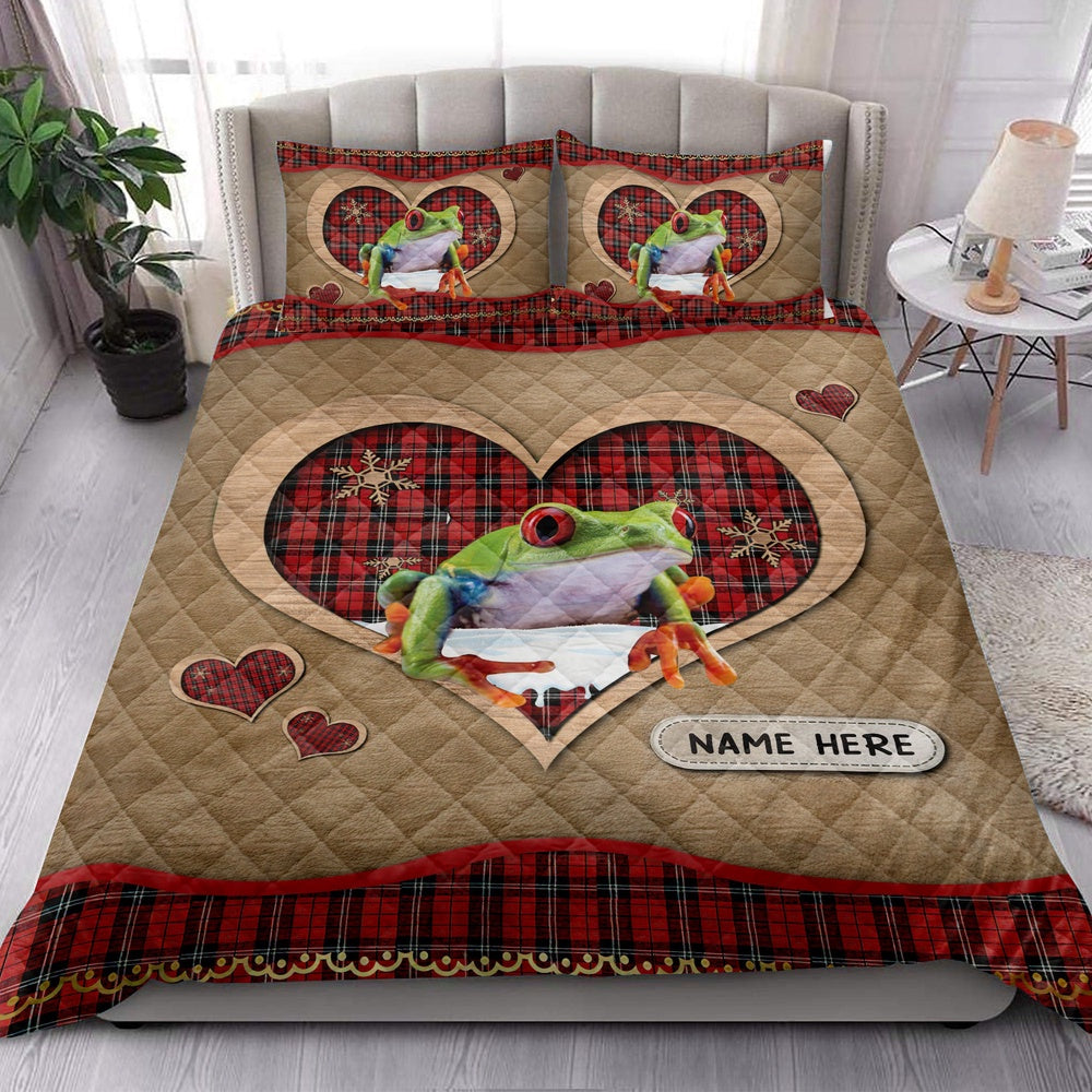 Personalized Frog Quilt Set, Frogmas Heart Red Plaid Quilt Blanket