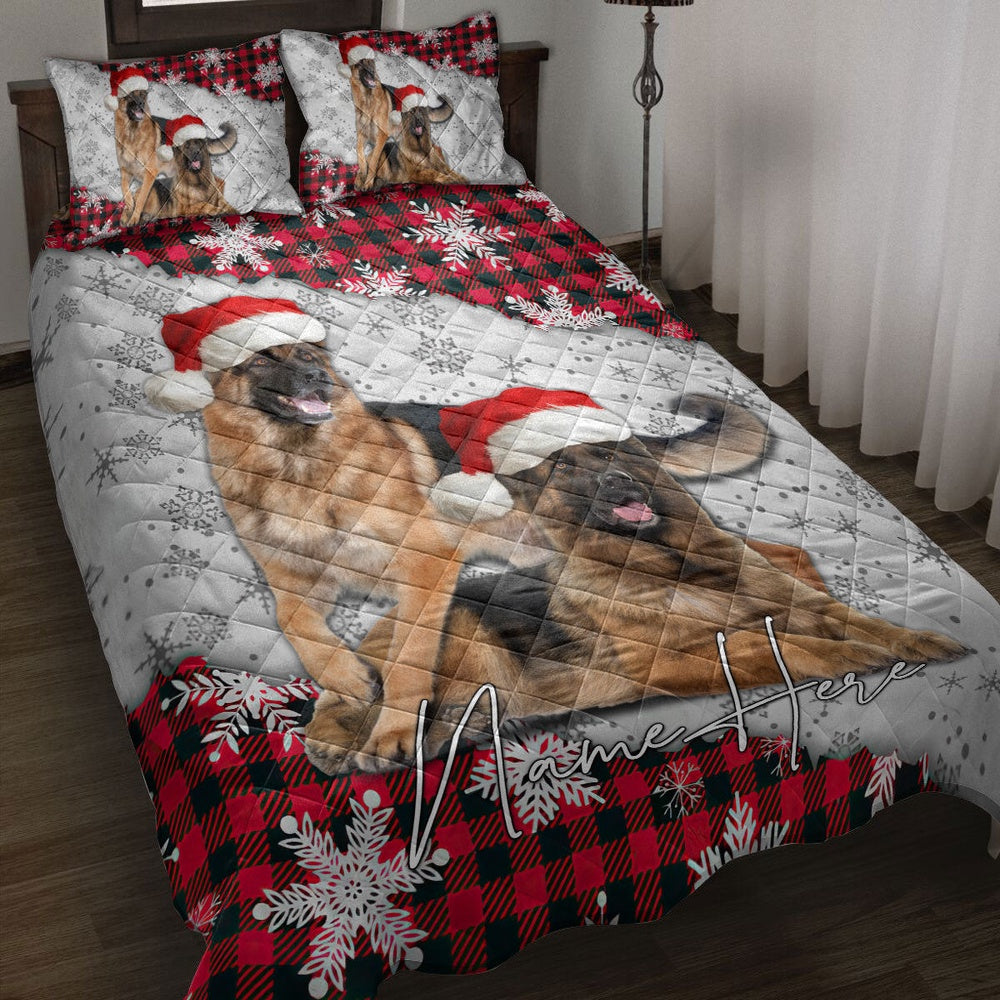 Personalized German Shepherd Quilt Set, Christmas Red Plaid German Shepherd Xmas Quilt Blanket