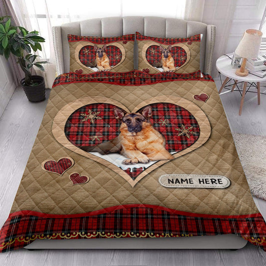 Personalized German Shepherd Quilt Set, German Shepherdmas Heart Red Plaid Quilt Blanket