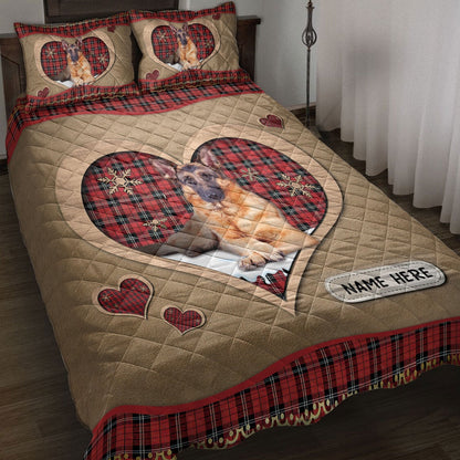 Personalized German Shepherd Quilt Set, German Shepherdmas Heart Red Plaid Quilt Blanket