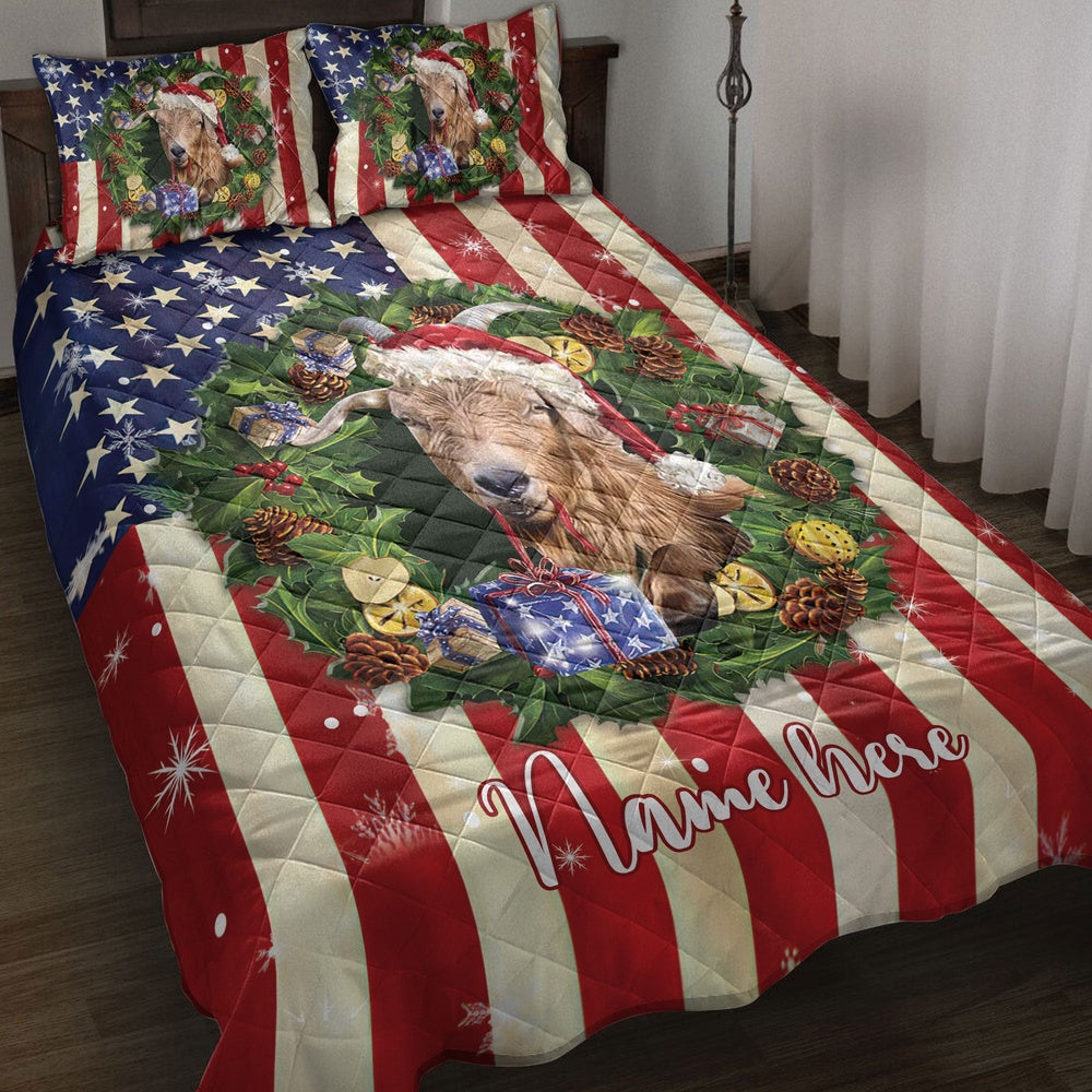 Personalized Goat Quilt Set, Goat Wearingmas Hat Wreath Quilt Blanket