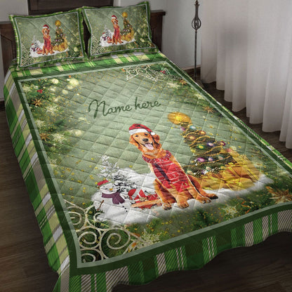 Personalized Golden Retriever Quilt Set, Golden Retrievermas String Light Quilt Blanket