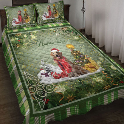 Personalized Golden Retriever Quilt Set, Golden Retrievermas String Lights Quilt Blanket