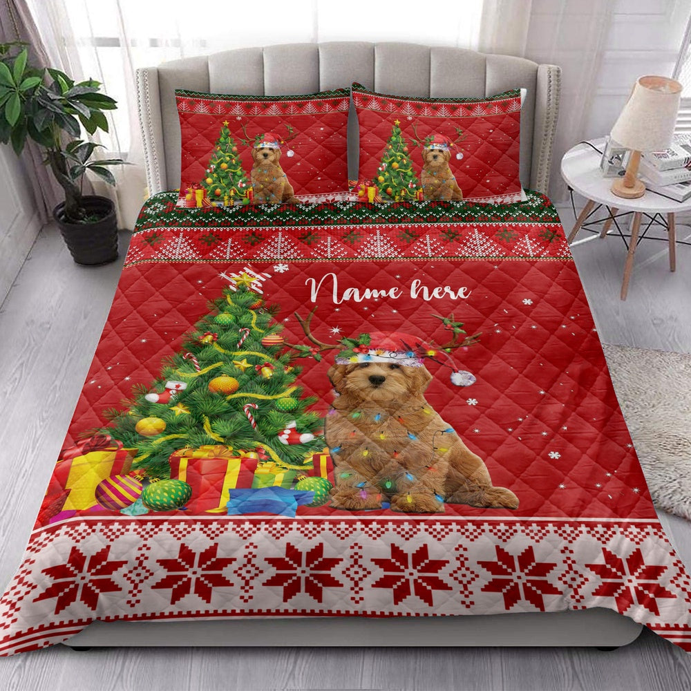 Personalized Goldendoodle Quilt Set, Goldendoodlemas Tree String Light Quilt Blanket