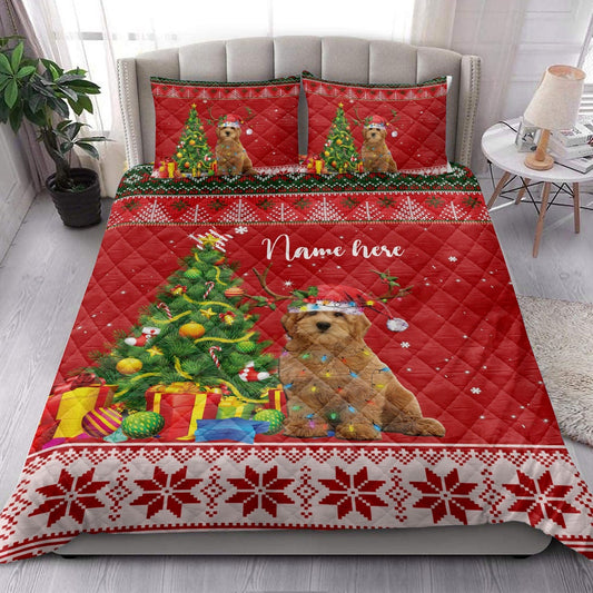 Personalized Goldendoodle Quilt Set, Goldendoodlemas Tree String Light Quilt Blanket