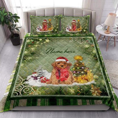 Personalized Goldendoodle Quilt Set, Goldendoodlemas Tree String Lights Quilt Blanket