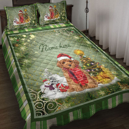 Personalized Goldendoodle Quilt Set, Goldendoodlemas Tree String Lights Quilt Blanket