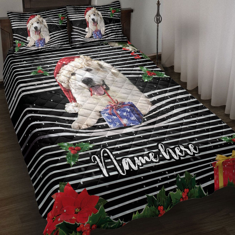 Personalized Great Pyrenees Quilt Set, Great Pyreneesmas Striped Santa Hat Quilt Blanket