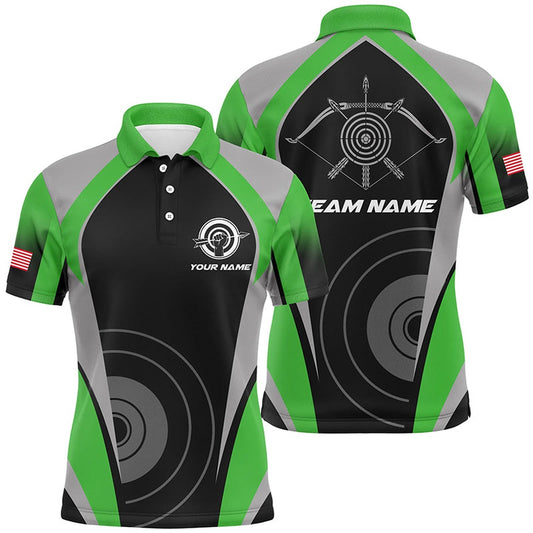 Personalized Green Archery Jerseys Polo Shirts For Men Best Custom Archery Uniform For Team, Archery Team Shirts, Custom Archery Shirts