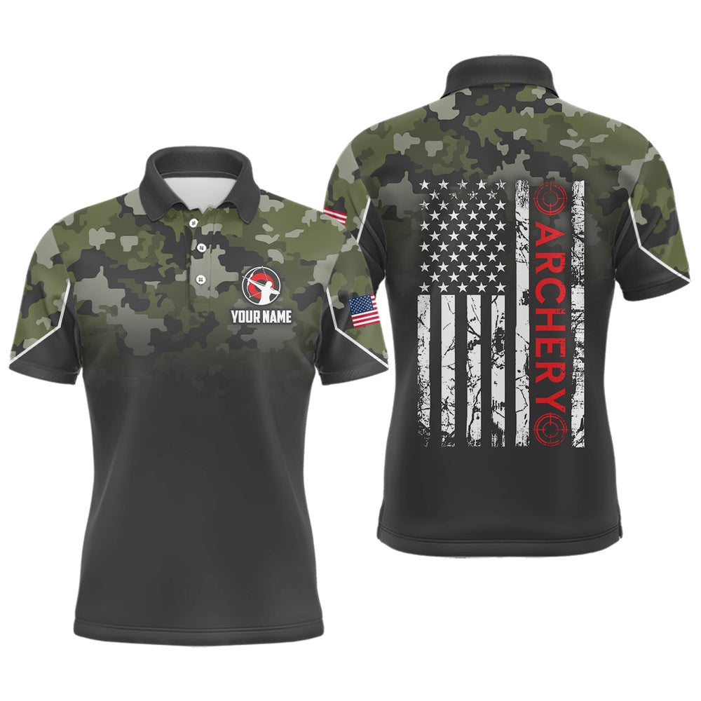 Personalized Green Camouflage Archery Polo Shirts For Men Custom Grunge US Flag Archery Shirts, Archery Team Shirts, Custom Archery Shirts
