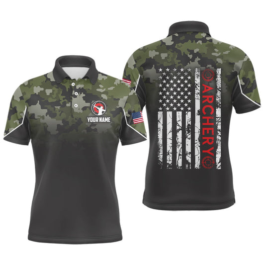 Personalized Green Camouflage Archery Polo Shirts For Men Custom Grunge US Flag Archery Shirts, Archery Team Shirts, Custom Archery Shirts