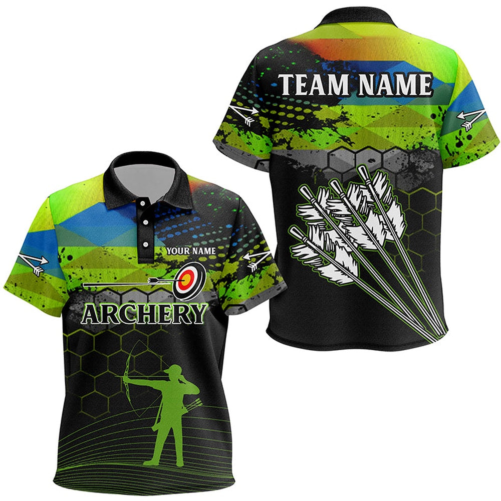 Personalized Green Colors Arrows Archery Polo Shirts, Custom Silhouette Archer Shirts, Archery Team Shirts, Custom Archery Shirts