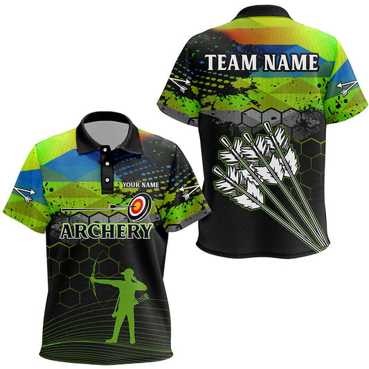 Personalized Green Colors Arrows Archery Polo Shirts, Custom Silhouette Archer Shirts, Archery Team Shirts, Custom Archery Shirts