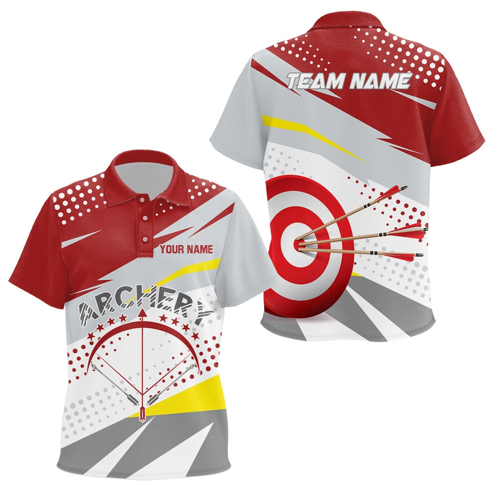 Personalized Grey Red Target Archery Polo Shirts, Custom Bow Archery Team Shirts, Archery Team Shirts, Custom Archery Shirts