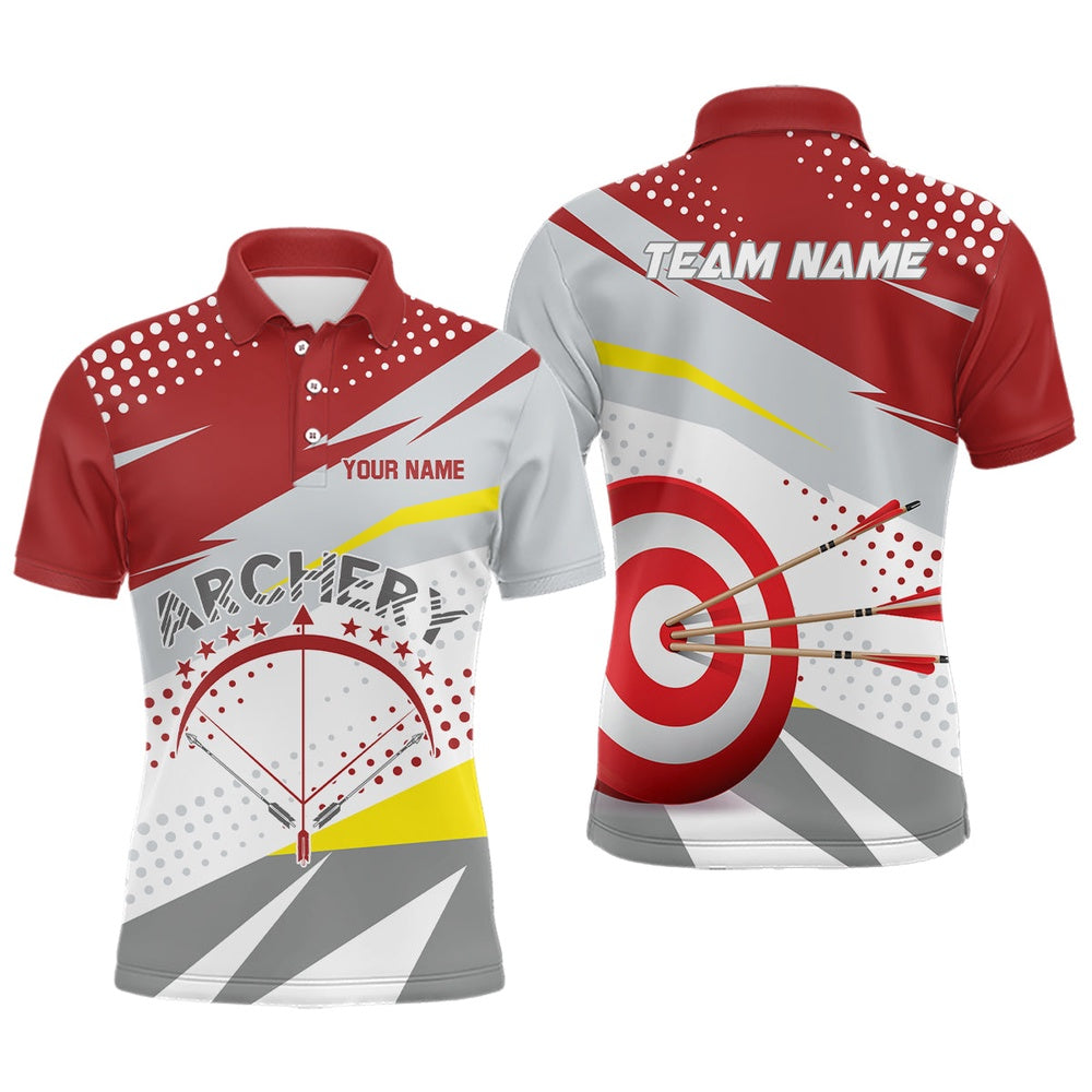 Personalized Grey Red Target Archery Polo Shirts For Men, Custom Bow Archery Team Shirts, Archery Team Shirts, Custom Archery Shirts
