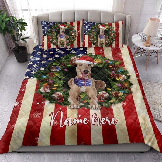 Personalized Greyhound Quilt Set, Greyhound Wearingmas Hat Wreath Quilt Blanket